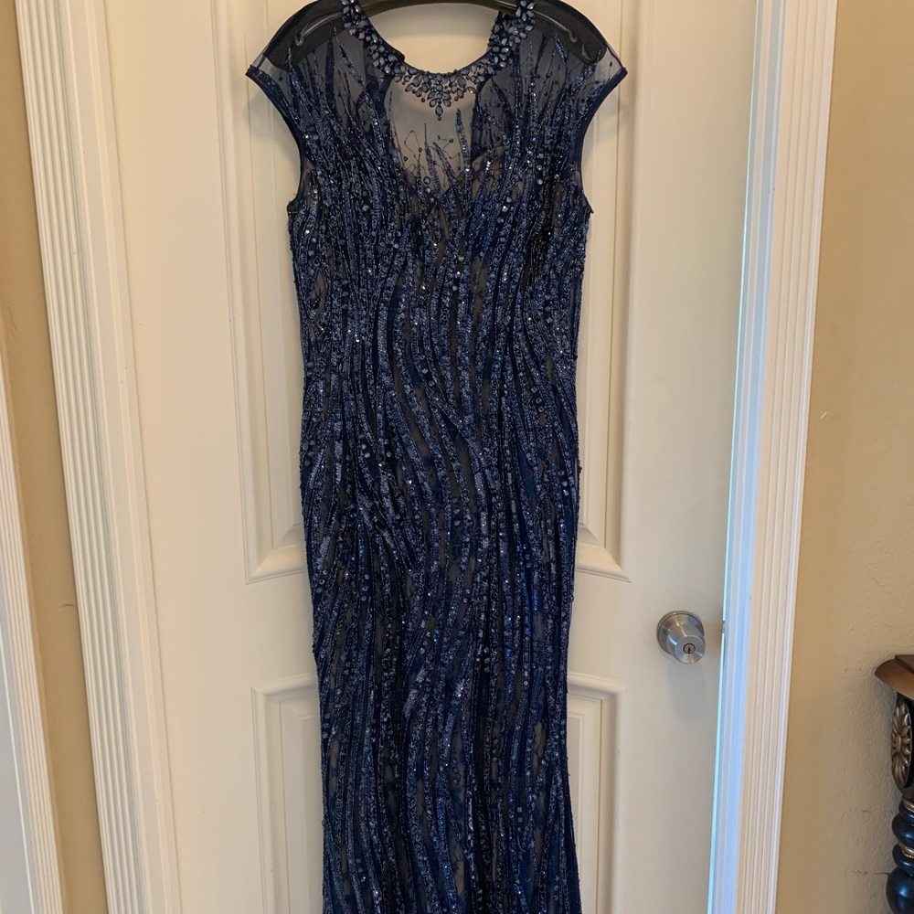 TONY BOWLS NAVY SEQUIN GOWN